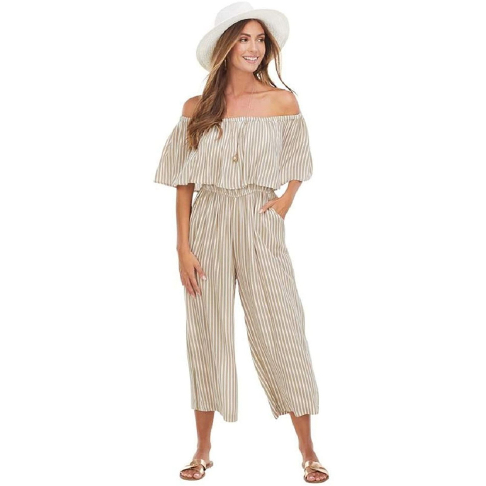 Mud Pie Olsen Stripe Jumpsuit Wide Leg Cropped Taupe White Size XS NWT